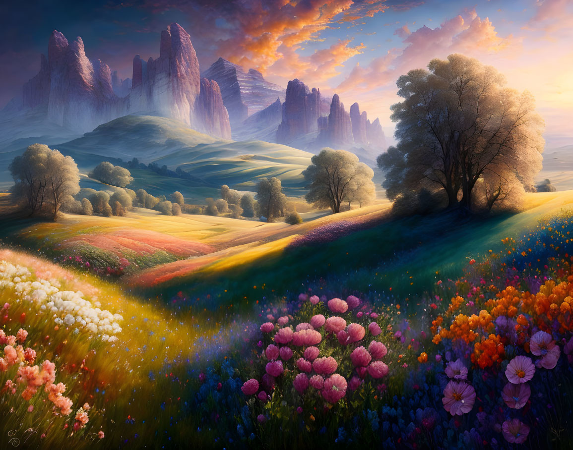 Vibrant wildflowers in pastoral landscape with rolling hills