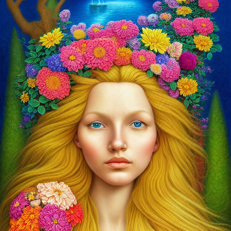 Colorful illustration: Woman with golden hair and flower crown, adorned with vibrant blossoms.