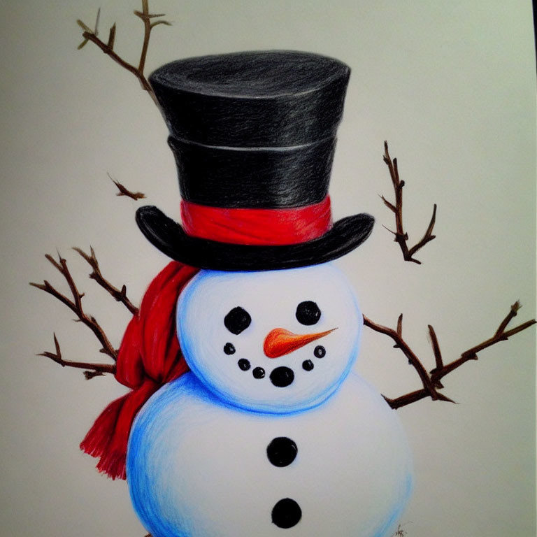 Hand-drawn snowman with black top hat and red scarf