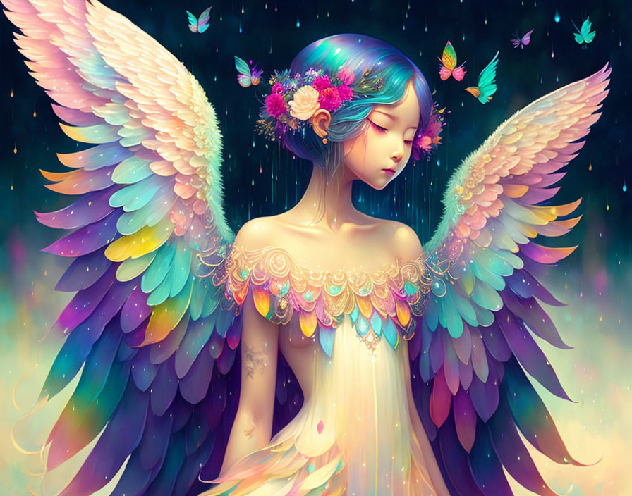 Vibrant angelic figure with multicolored wings and butterflies on starry backdrop