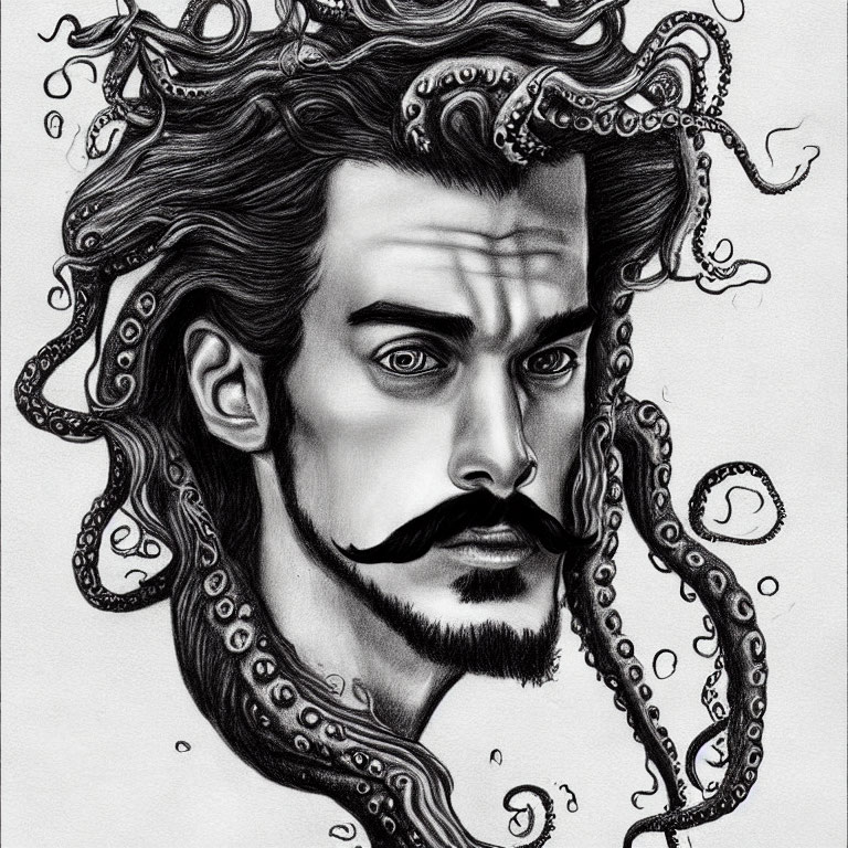 Monochrome drawing of man with tentacle hair and stylized mustache