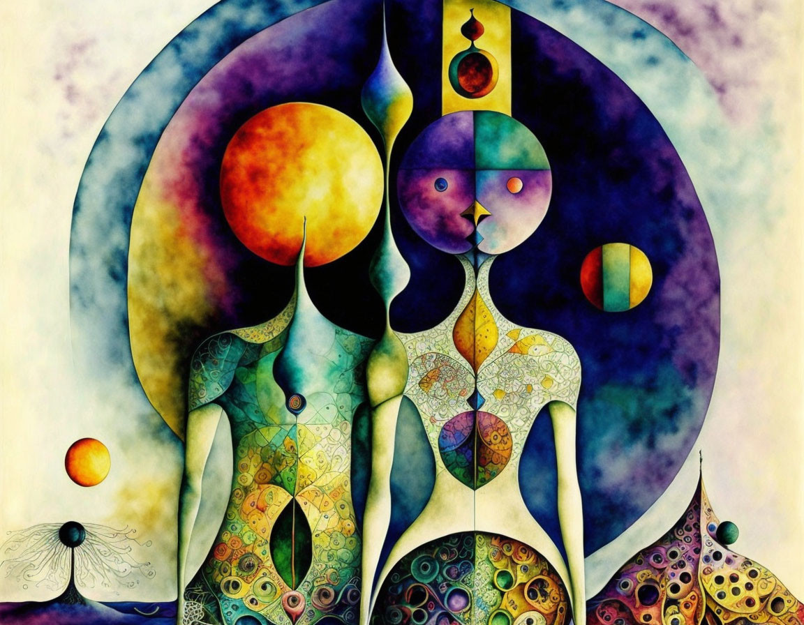 Vibrant abstract art: stylized figures on celestial background