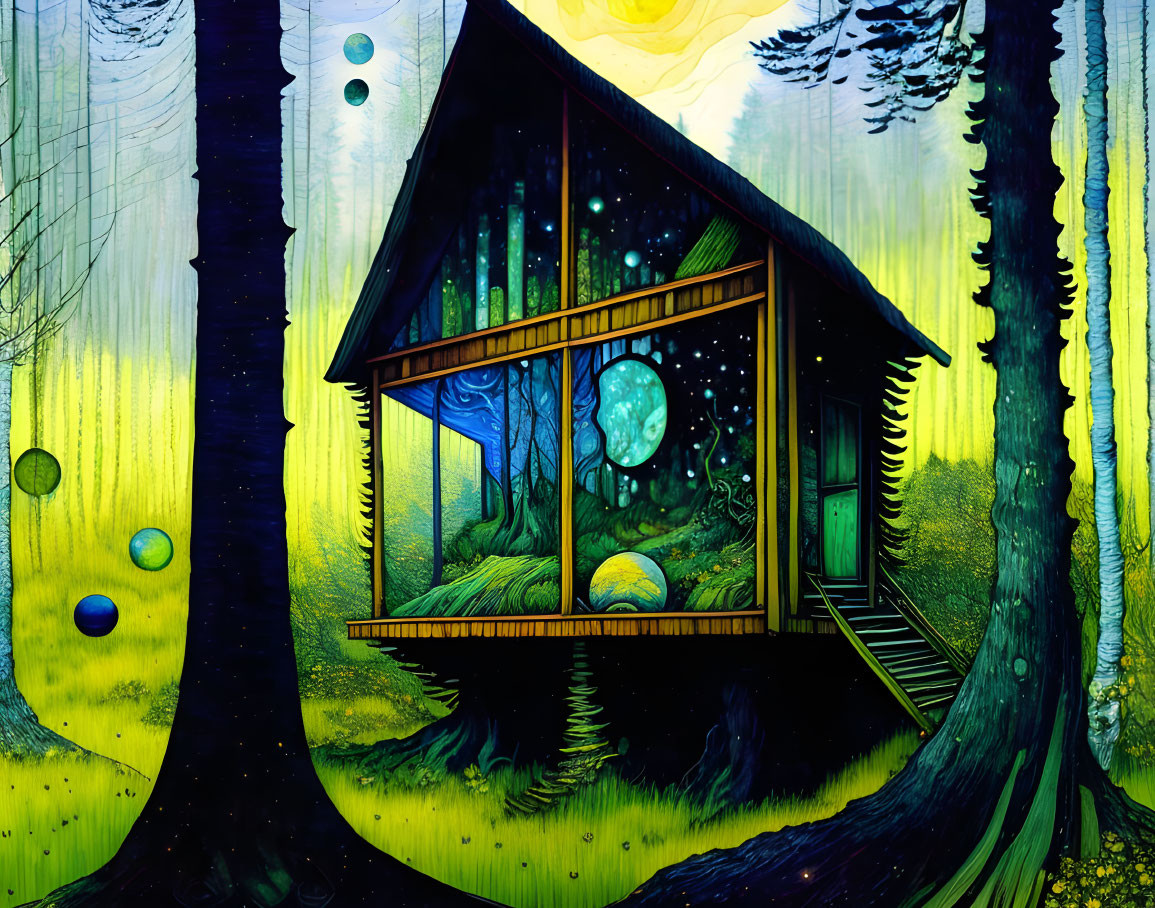 Colorful Stylized Forest Illustration with Transparent House and Starry Sky