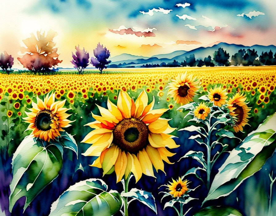 Sunflower Field Watercolor Painting with Sunset Sky