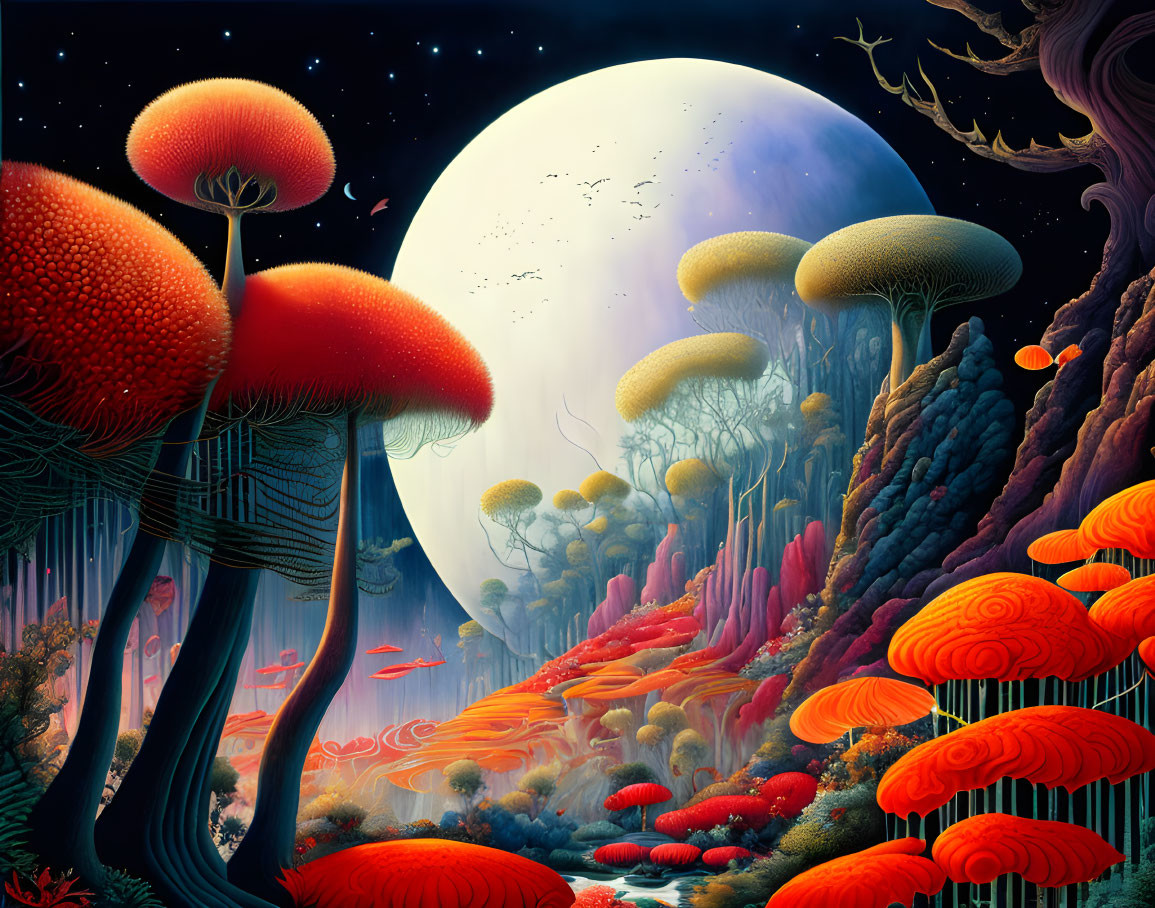 Fantasy landscape with oversized mushrooms, exotic flora, large moon, and underwater ambiance