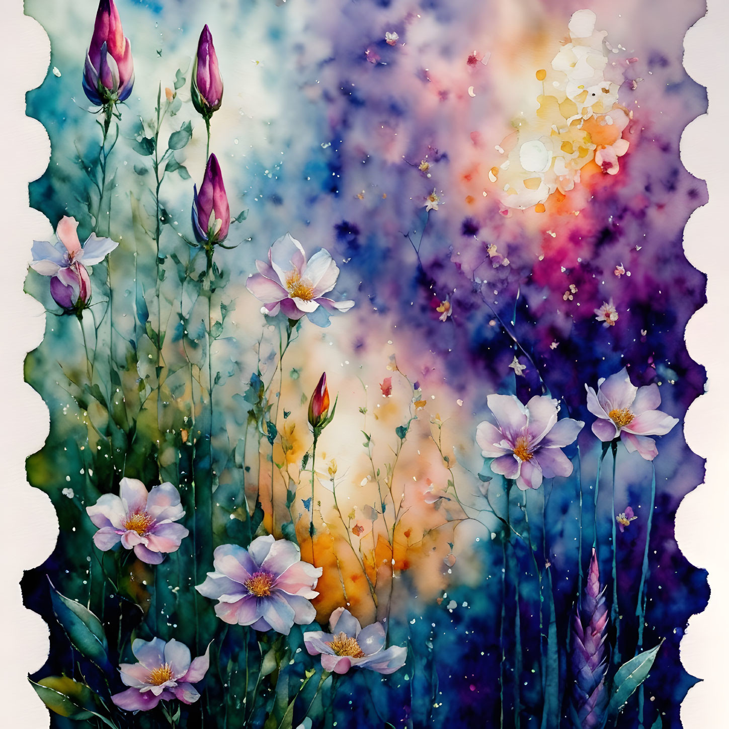 Vibrant cosmic watercolor flowers in dreamy light