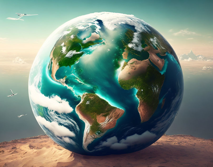 Surreal Earth sphere on desert landscape with birds and plane