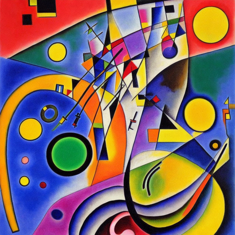 Vibrant Abstract Painting: Geometric Shapes, Circles, Dynamic Lines
