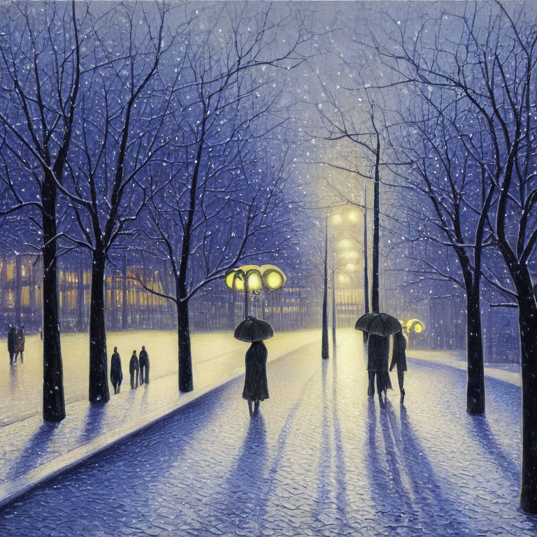 Snowy Night Scene: People with Umbrellas on Street with Golden Street Lamps