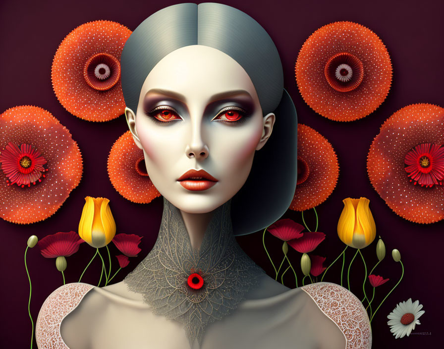 Pale woman with striking makeup in surreal illustration surrounded by red and orange flowers.