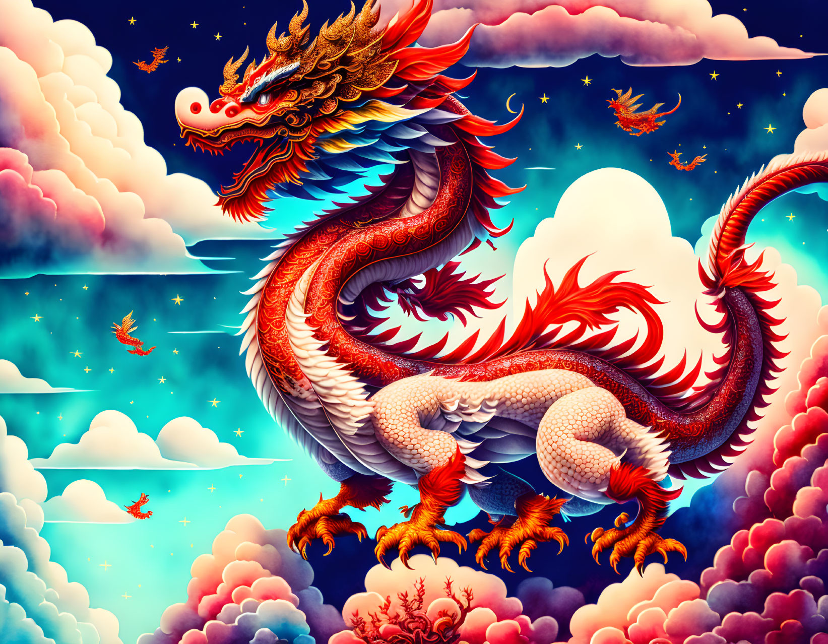 Chinese Dragon Illustration in Starry Sky with Clouds