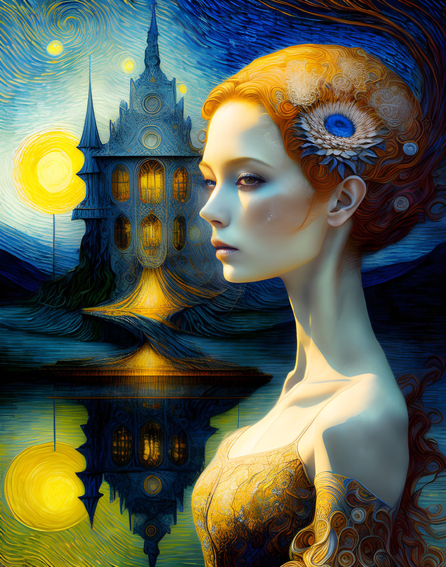 Fantastical portrait of woman with red hair and peacock feather, gazing at castle and moon