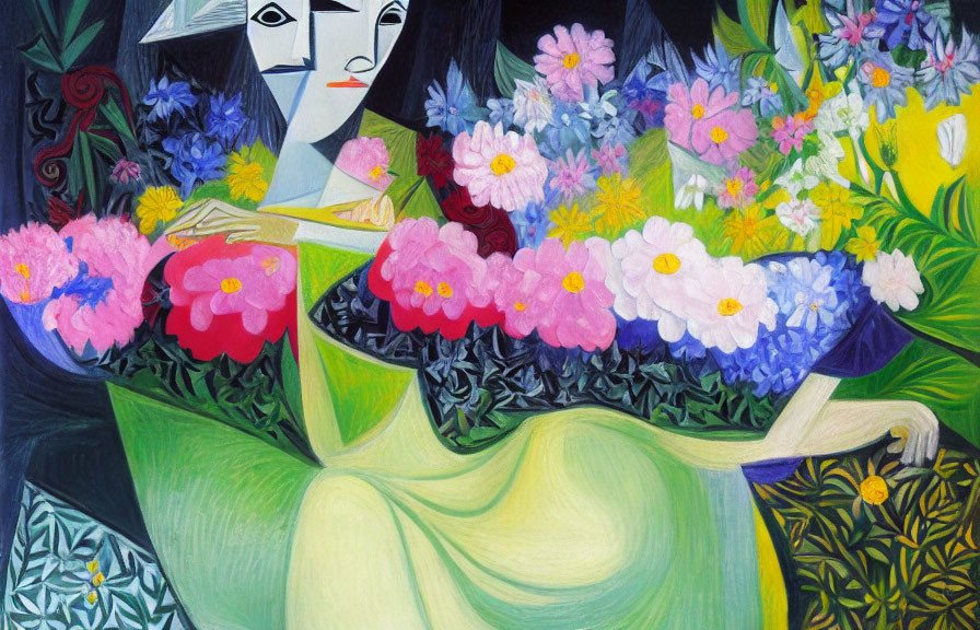 Stylized painting of a pale-faced person surrounded by vibrant flowers