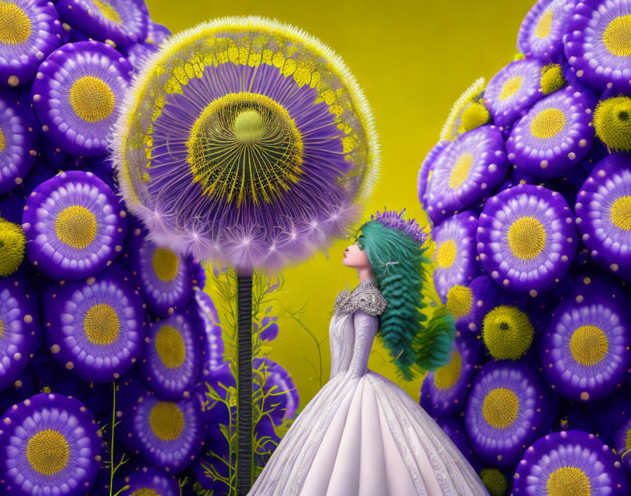 Colorful digital artwork: female figure with blue-green hair and giant purple flowers on yellow backdrop