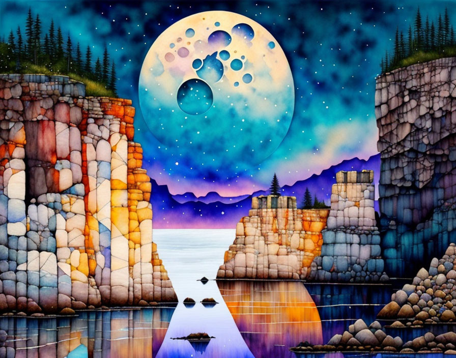 Colorful rocky cliffs, moonlit sky, and reflective water in surreal landscape