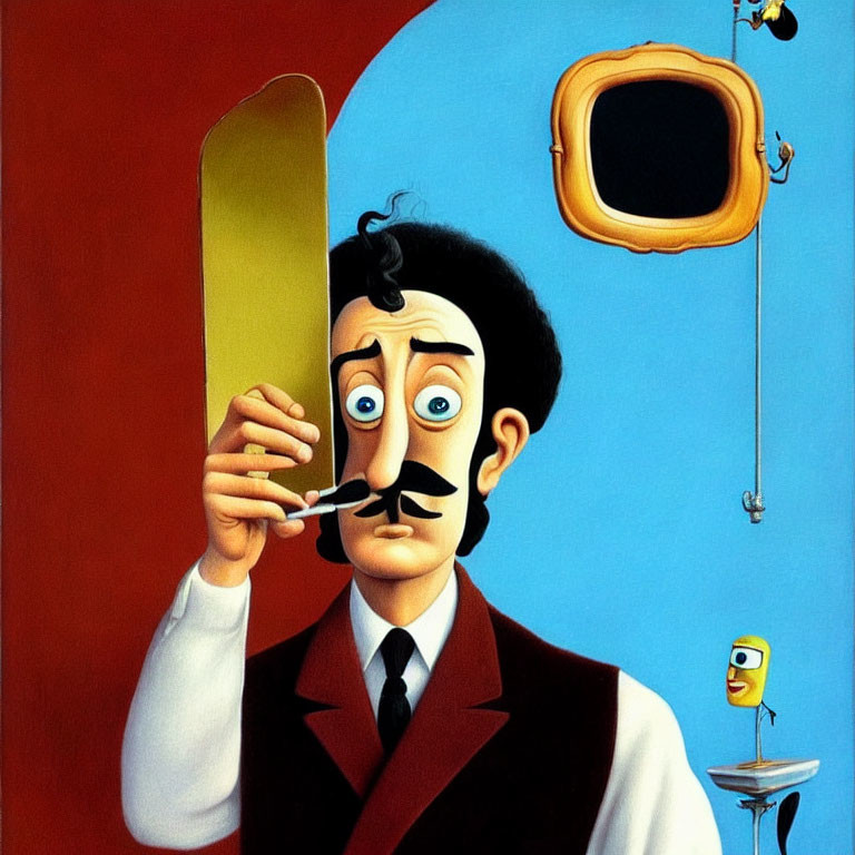 Vibrant animated painting of man with mustache and comb, featuring surreal elements.