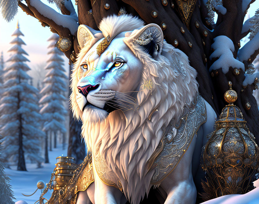 White lion in gold armor against snowy forest with tree