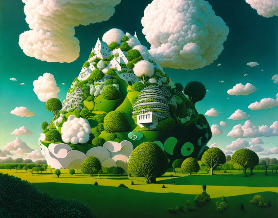Stylized landscape painting with green mountain and cartoon-like houses