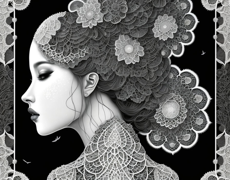 Monochrome artistic illustration of woman's profile with lace patterns and bird silhouettes