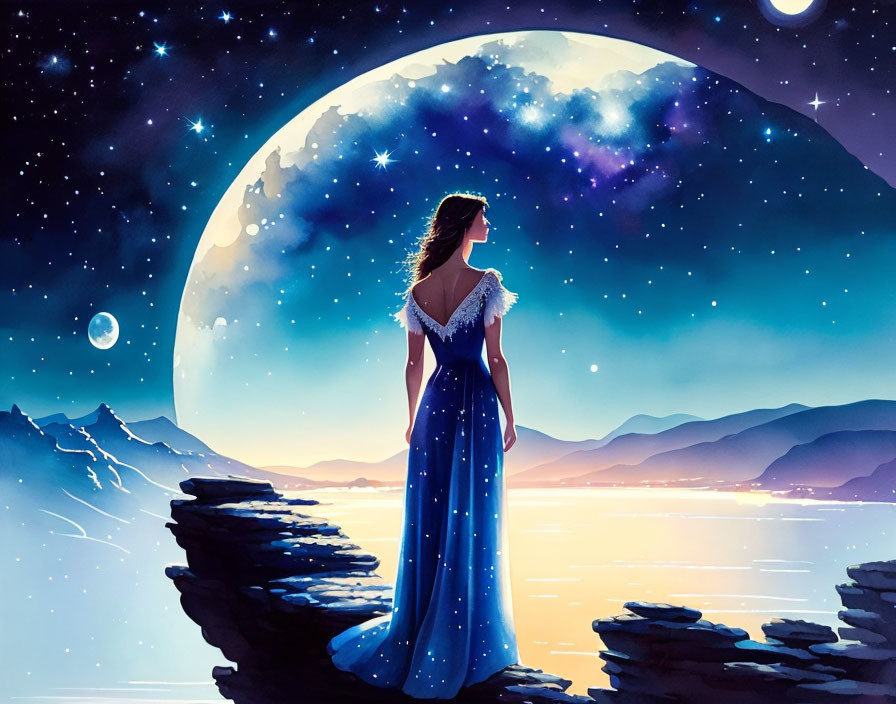 Woman in blue dress on cliff gazes at moon over serene lake