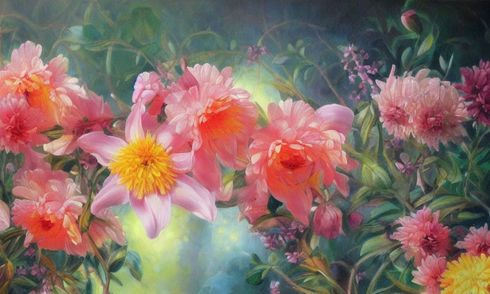 Pink peonies painting with lush green foliage and soft light