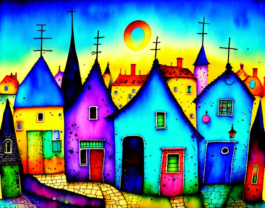 Colorful Whimsical Painting of Stylized Houses Under Surreal Sky