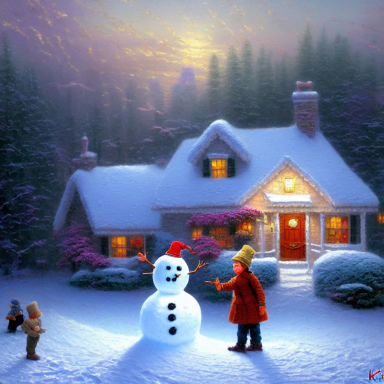 Child in red coat decorating snowman by cozy house in winter twilight
