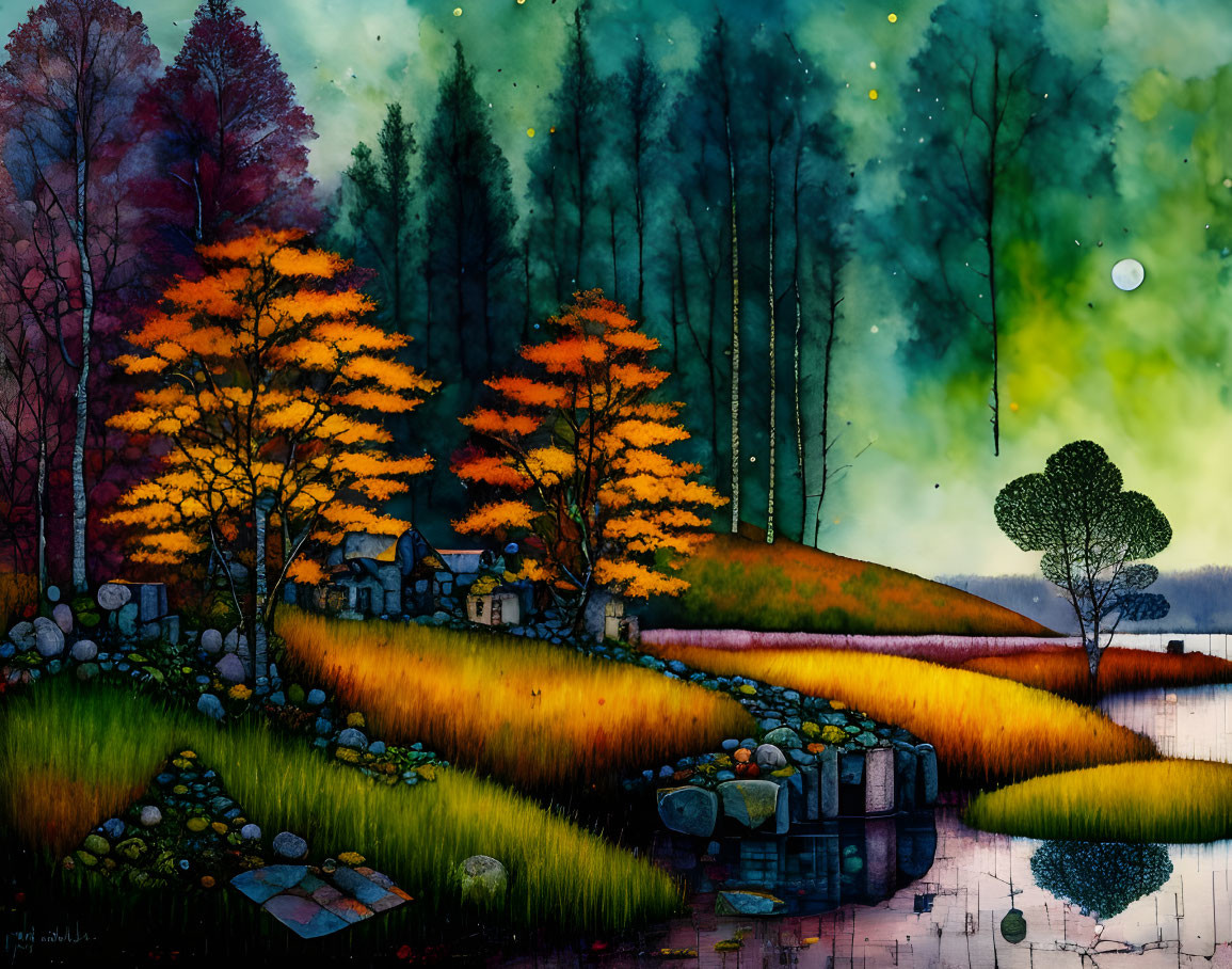 Autumn lakeside painting with fiery trees, stone village, boat, and starry night.