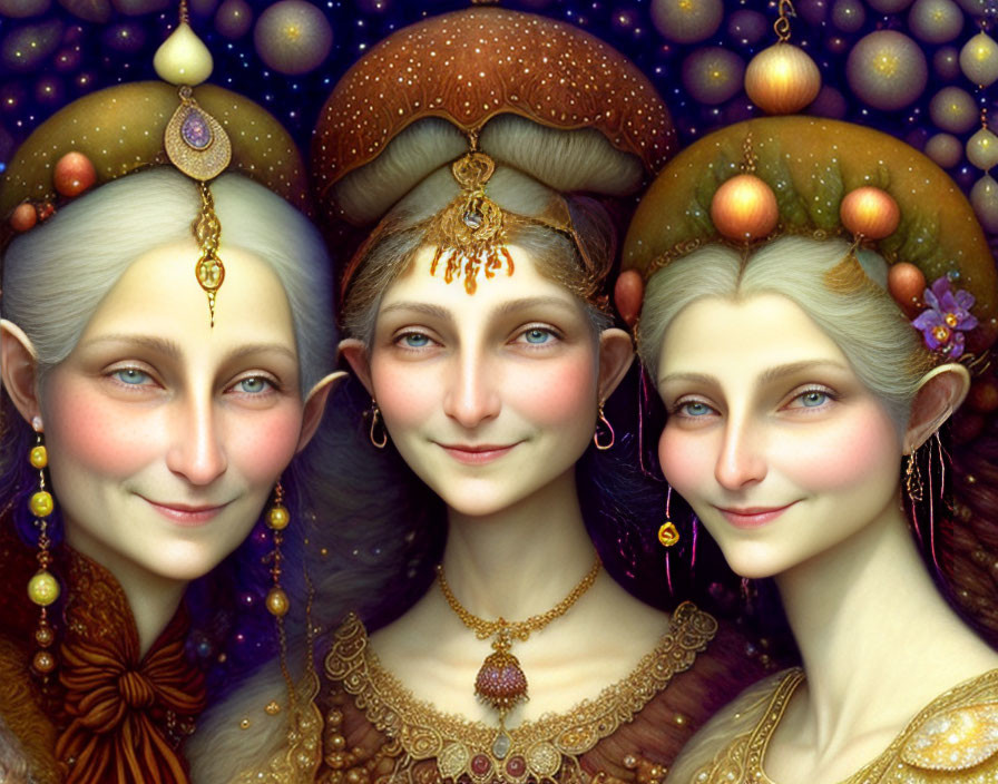 Vibrant depiction of three ethereal female figures with pointed ears and ornate headdresses.