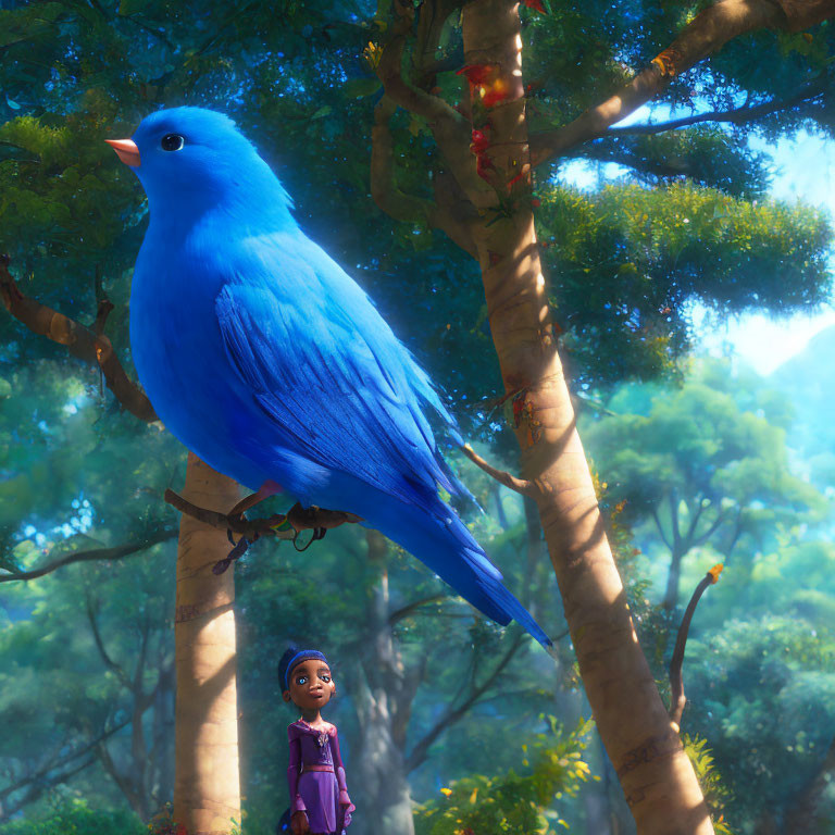 Blue bird and girl in lush forest scene