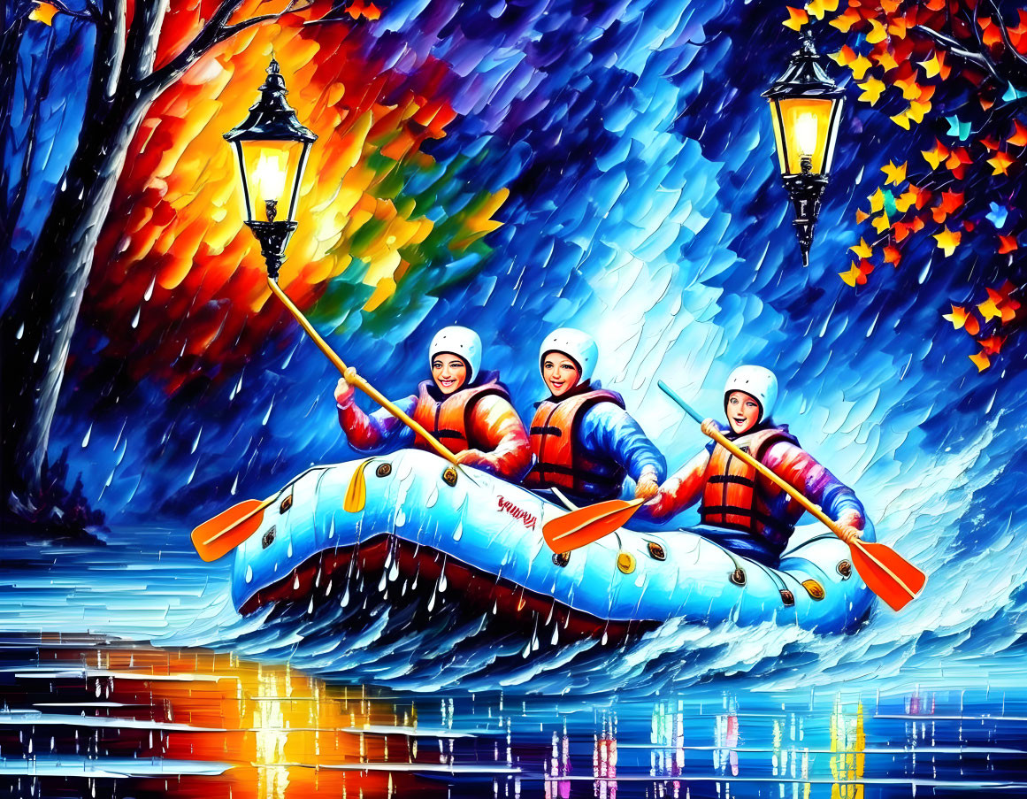 Nighttime rafting scene with helmets, autumn leaves, street lamps, and impressionistic style.