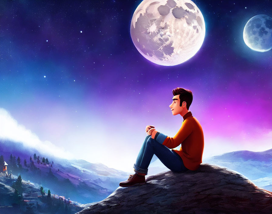 Illustrated character gazes at vibrant night sky with two moons over misty mountain landscape.