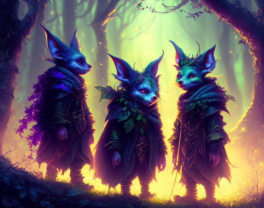 Colorful Creatures in Enchanted Forest with Glowing Light