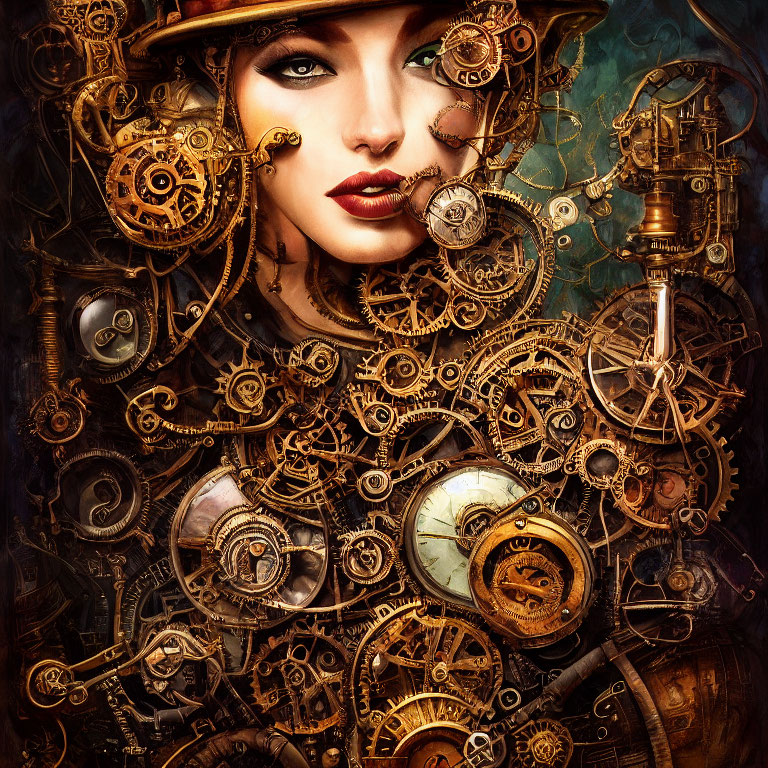 Steampunk-themed artwork featuring a woman with a top hat and monocle surrounded by gears and machinery