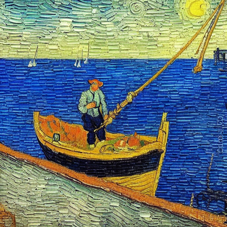 Vibrant painting of fisherman in boat under starry sky
