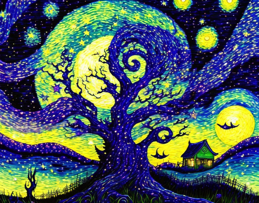 Stylized artwork of swirling blue tree under starry sky