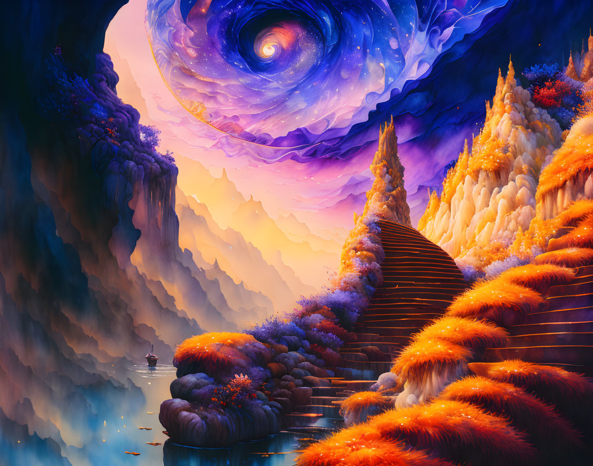 Fantasy landscape with galaxy sky, autumn trees, staircase, boat, cliffs