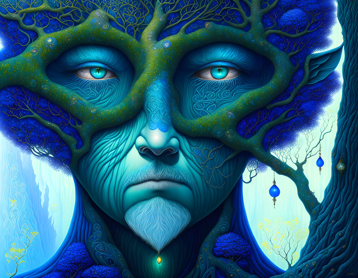 Colorful artwork: Face with tree-like skin, deep blue hues, captivating blue eyes.