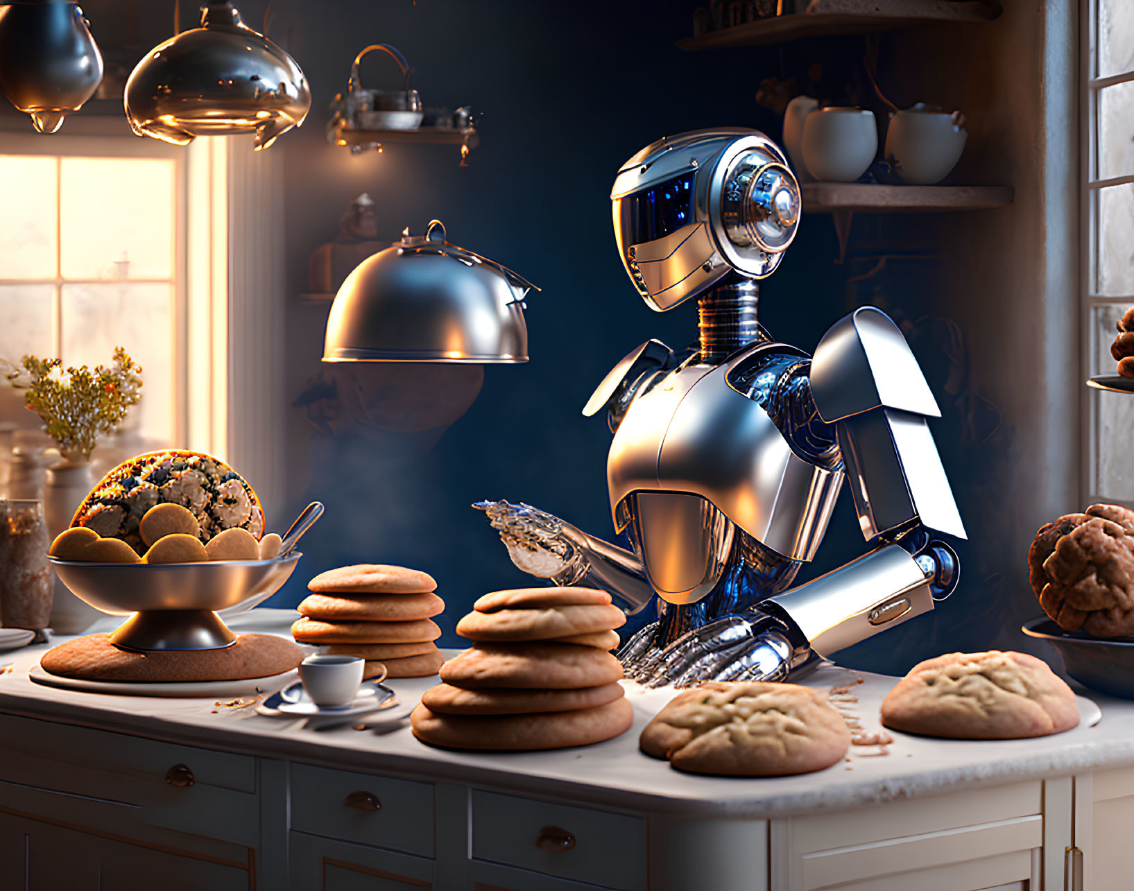 Futuristic robot baking in cozy kitchen with cookies and pots under warm lighting