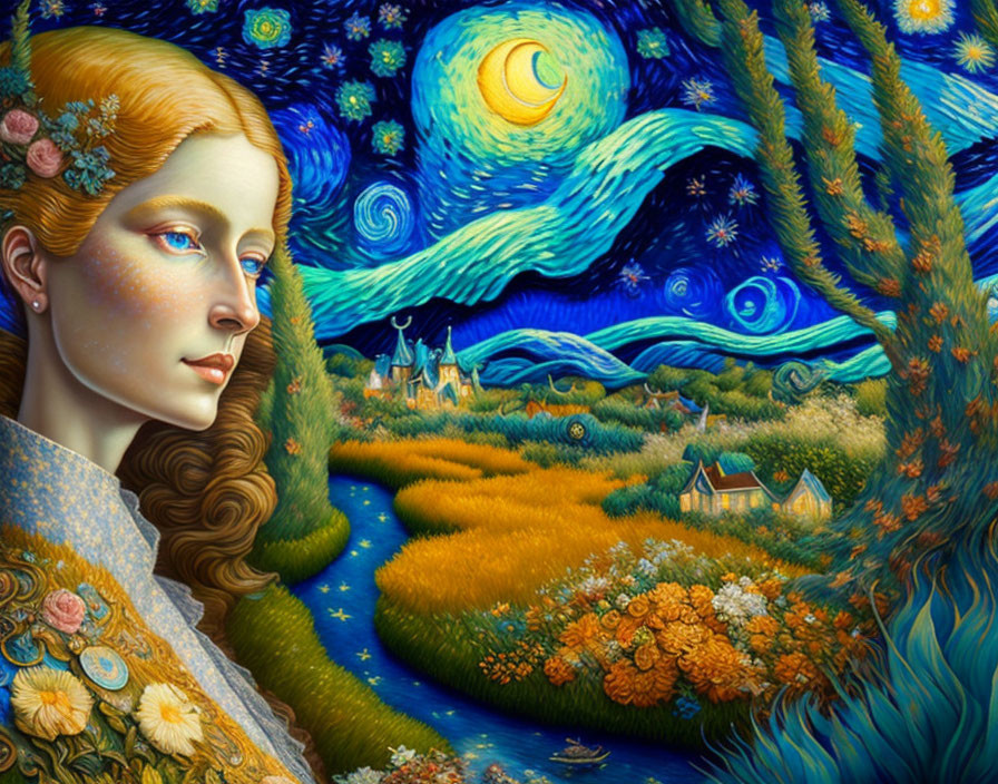 Woman's portrait merged with Van Gogh-inspired landscape: starry night sky, village, flowing fields