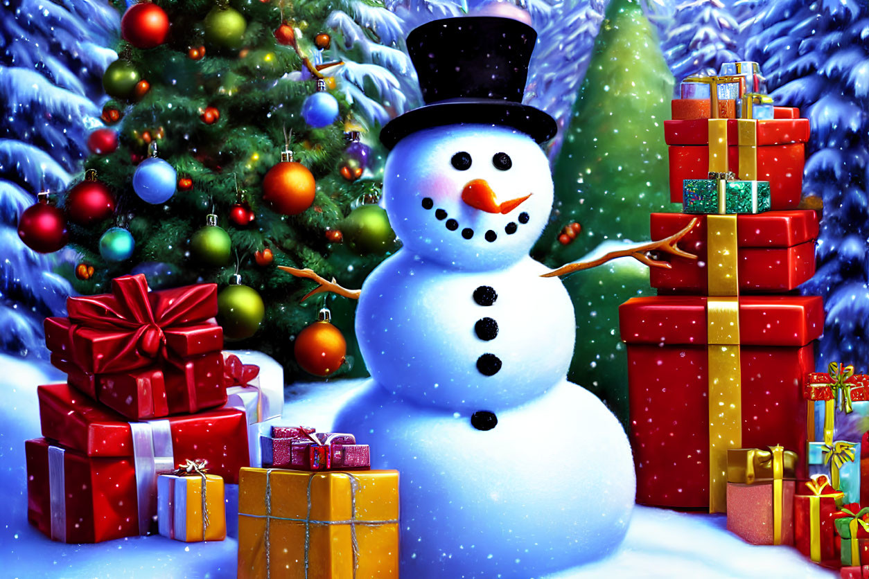 Colorful Snowman with Top Hat and Gifts by Christmas Tree