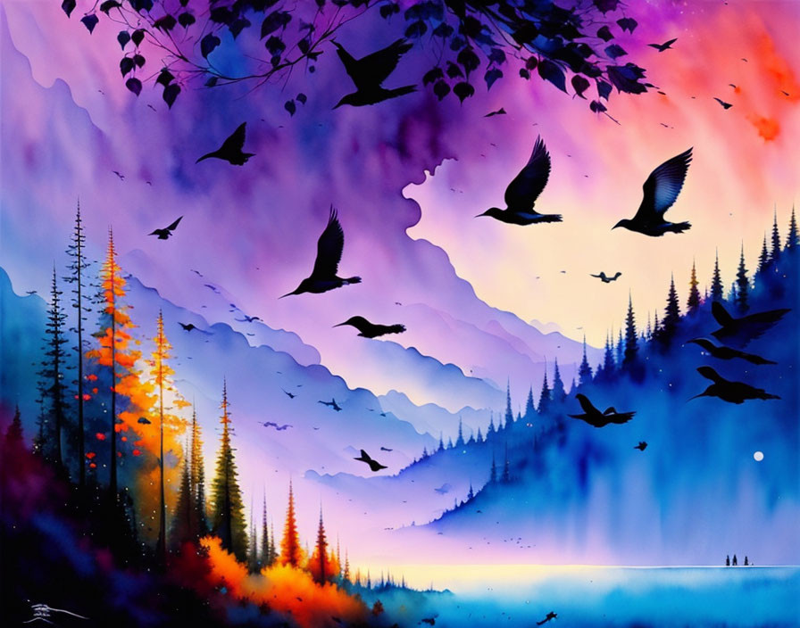 Colorful artwork: Birds flying over purple landscape with pine trees, lake, and sunset.