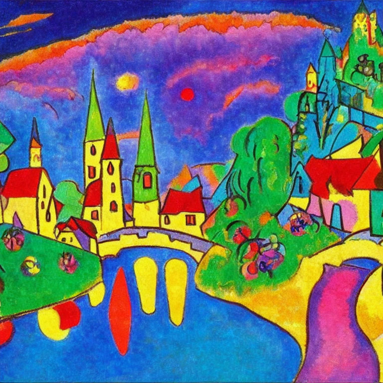 Colorful Expressionist Painting of Stylized Village at Sunset