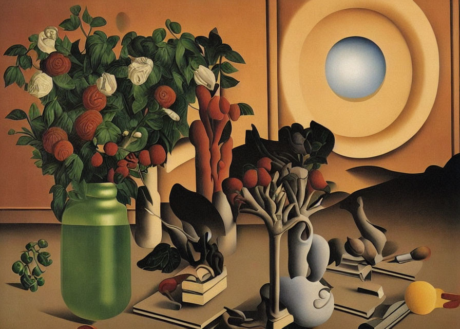Surrealist still life with flowers, fruits, and objects on blue background
