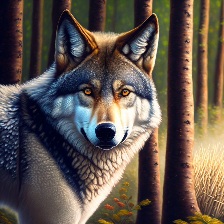 Realistic wolf head digital illustration with piercing eyes in forest backdrop