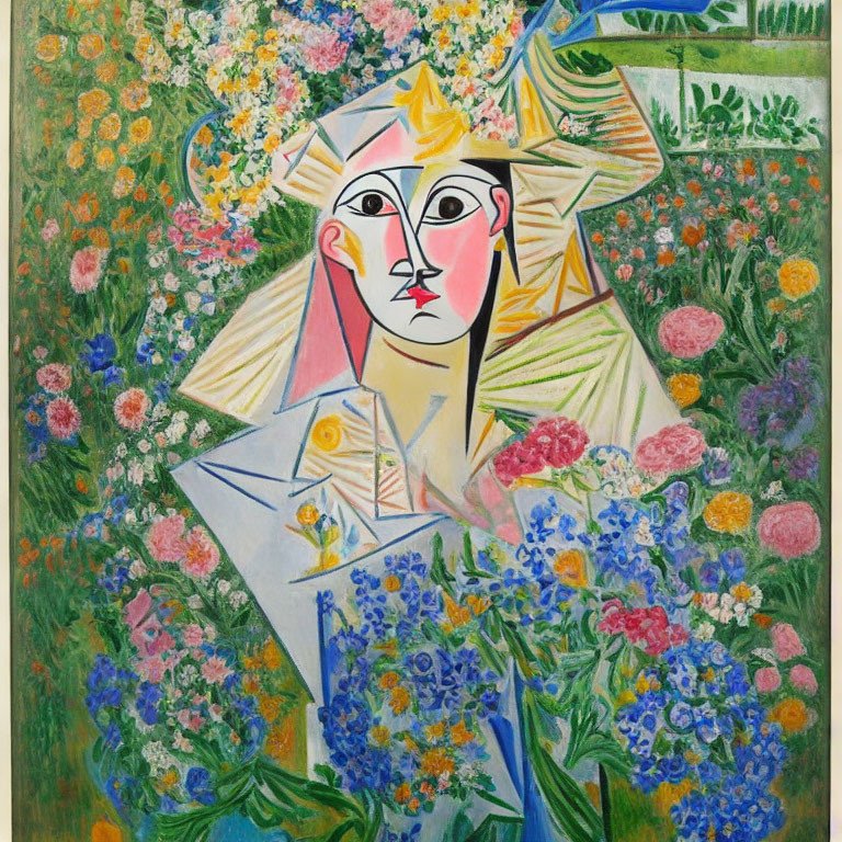 Vibrant Cubist-style painting of woman's face with colorful floral background