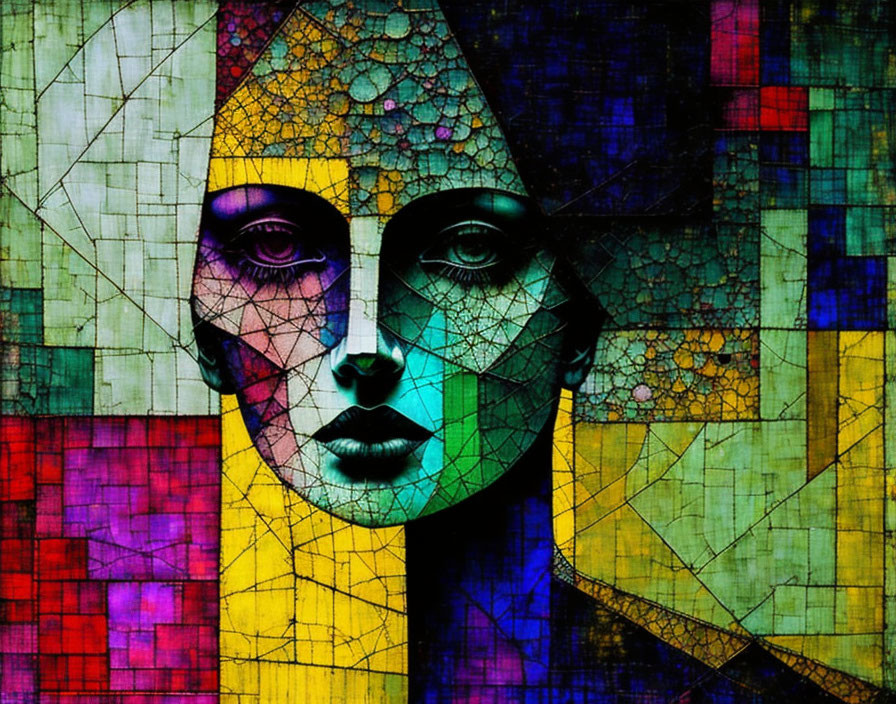 Colorful Geometric Abstract Portrait with Fractured Stained Glass Patterns