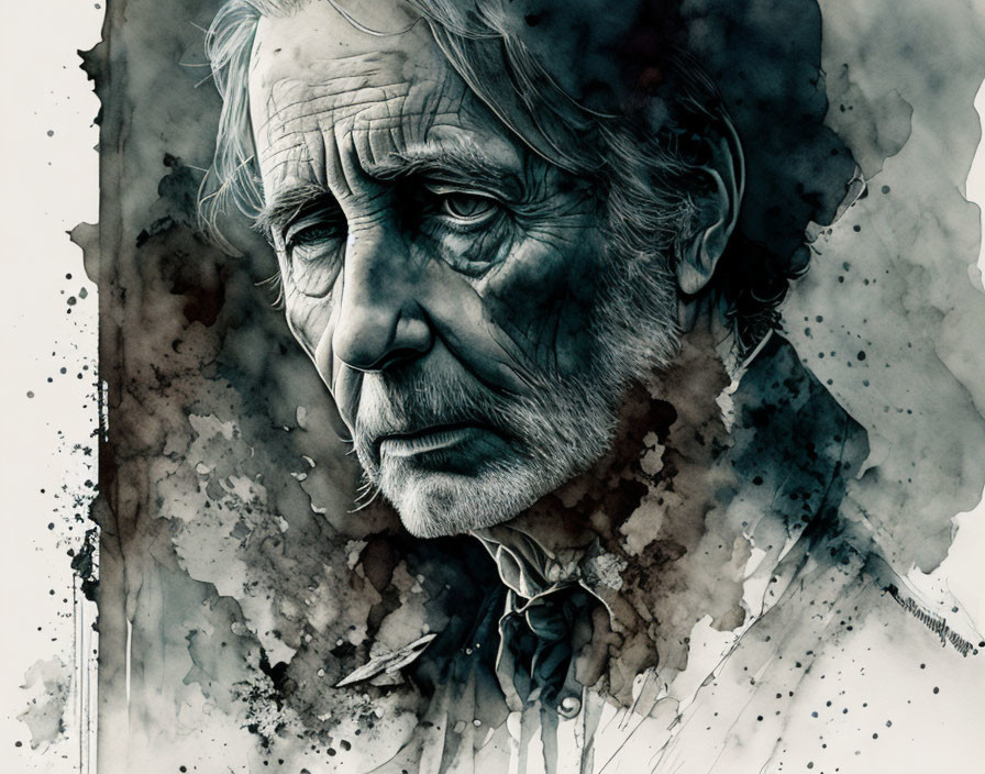 Monochrome illustration of elderly man with expressive eyes and abstract watercolor effect