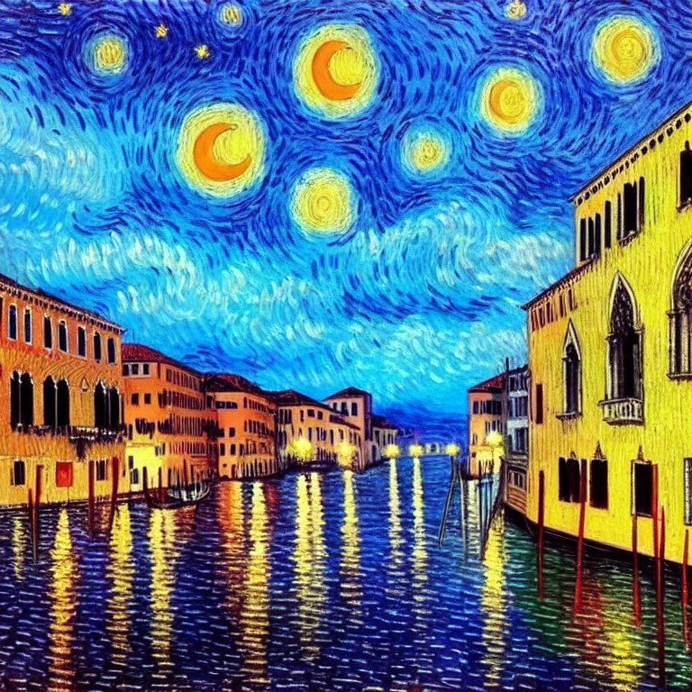 Impressionist Painting: Starry Night Sky Over Canal with Vibrant Colors