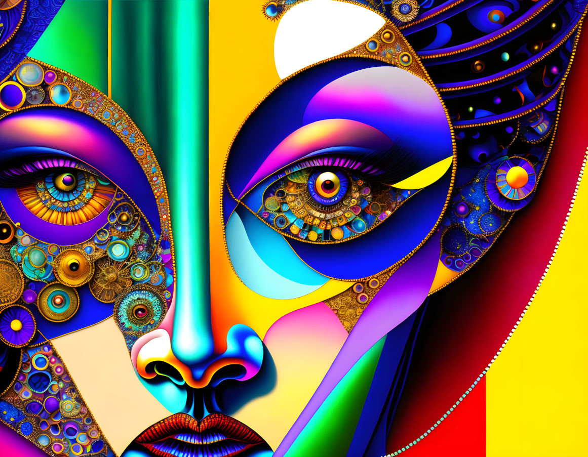 Abstract digital art: Vibrant face with multiple eyes & intricate patterns